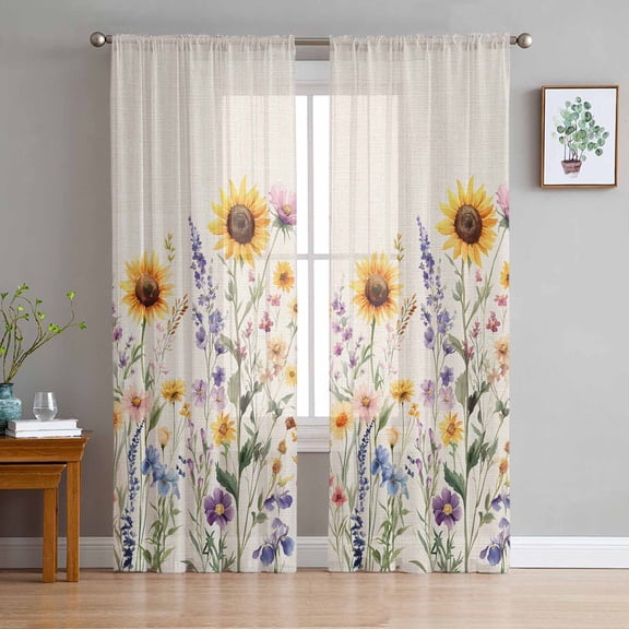 Sunflower Semi Sheer Curtains 84 Inch Length 2 Panels Set, Vintage Spring Floral Summer Botanical Sheer Kitchen Curtain Privacy Voile Window Curtain for Living Room Bedroom Rod Pocket Drapes