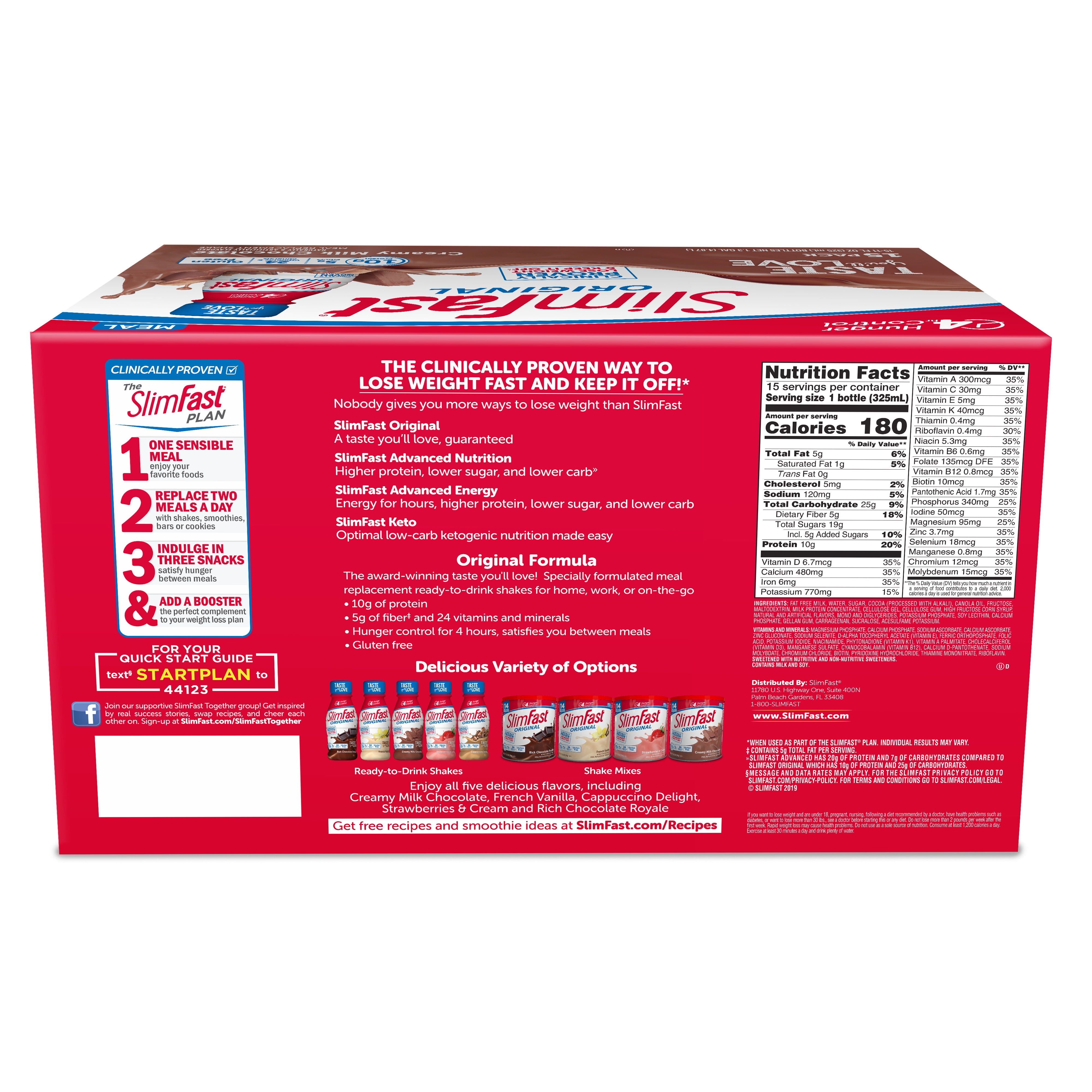 SlimFast Original Meal Replacement Shakes, Creamy Milk Chocolate, 11 fl. Oz., 15 Ct