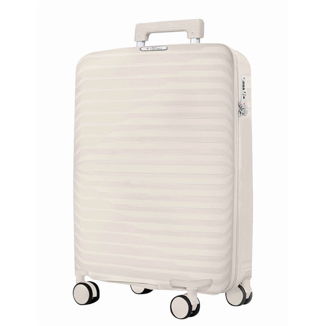red velvet maleta de cabina rígida de 20" | beige, 360°, antisalpicaduras, cierre tsa | equipaje de mano ligero con interior de nylon y correa en x. Maleta rígida beige de 20" en vista frontal 3/4 con superficie ondulada, asa superior retráctil, ruedas dobles giratorias 360° y candado TSA lateral; interior forrado en nylon con separador y correa en X para sujetar la ropa; adecuada para viajes cortos o como equipaje de fin de semana.
