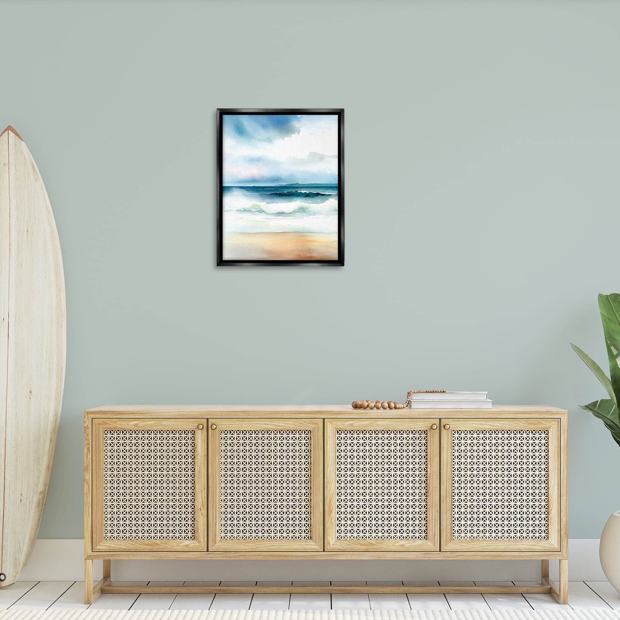 Stupell Industries Rolling Seaside Waves Coastal Painting Black Floater Framed Canvas Art Print Wall Art, 25 x 31