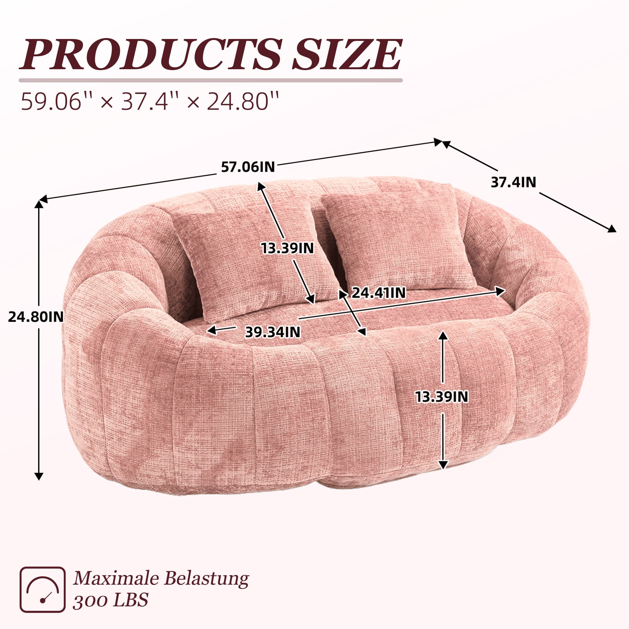 MOONMISS Large 59'' Bean Bag Chair for Adults,Chenille Shell-Shaped Couch with Two Pillows,Oversized Single Sofa,Pink