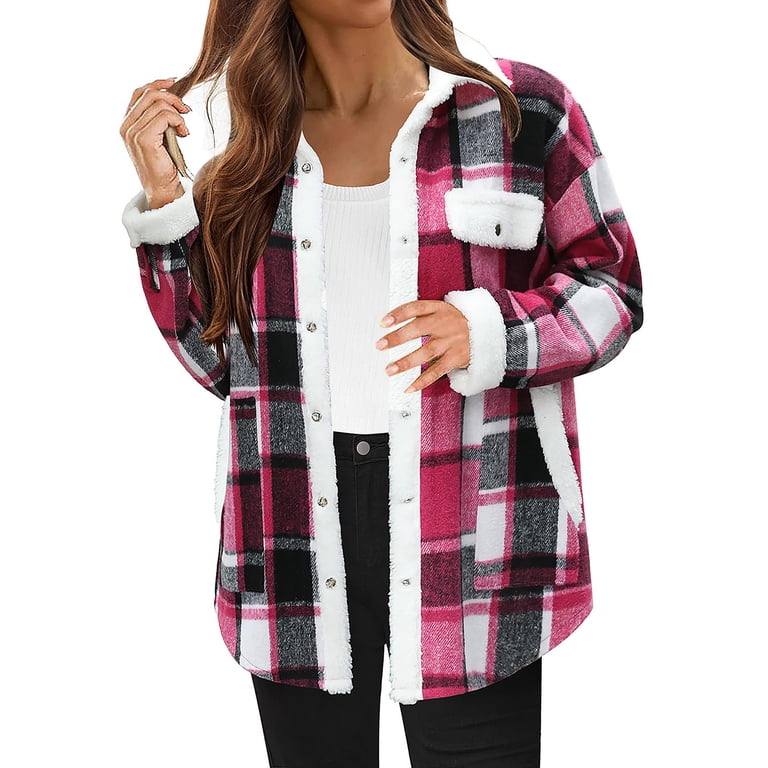 Womens Flannel Plaid Shirts Fashion Sherpa Lined Flannel Jackets