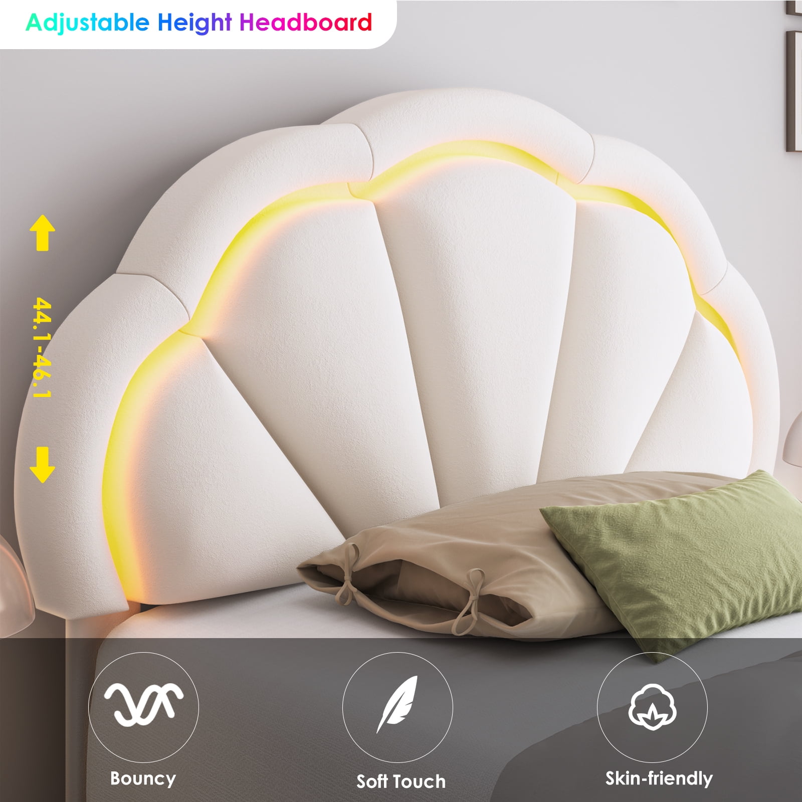 Homfa LED Bed Frame, Twin Size Velvet Upholstered Platform Bed with Adjustable Headboard, Lights Seashell Bed, Off-White