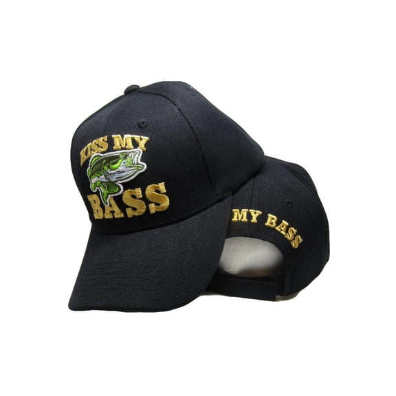 Kiss My Bass Fisihing FIsh Redneck Black Embroidered Baseball Ball Cap Hat