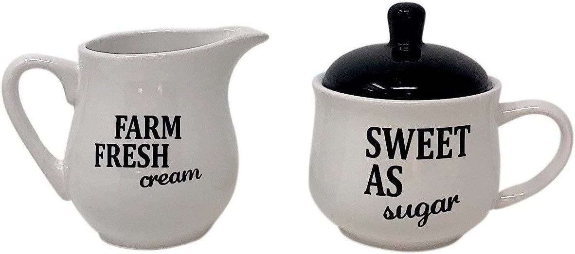 HE 2PC Sugar & Creamer Set Modern Farmhouse White & Black Table Kitchen Decor Ceramic Serveware Farm Fresh