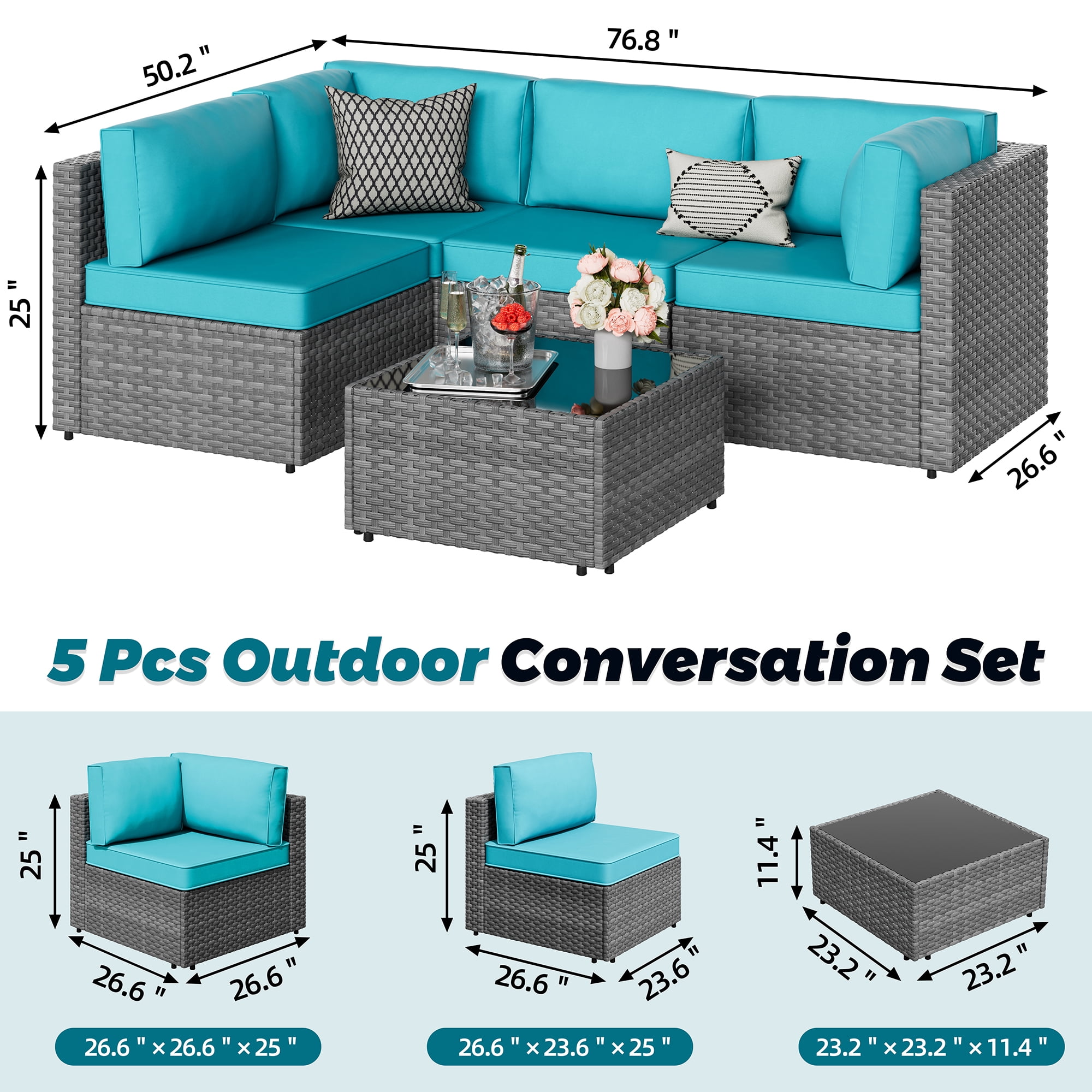 Walsunny 5 Pieces Outdoor Furniture Patio Sectional Sofa Set, Wicker Rattan Conversation Sets with Cushions and Glass Table, Silver Rattan Blue Cushions