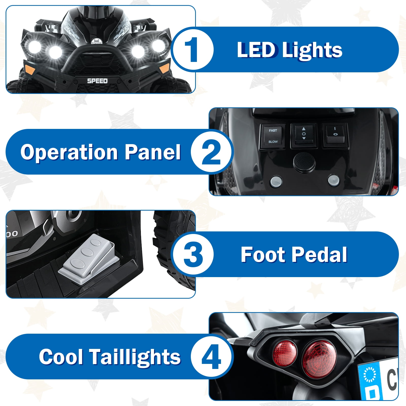 OLAKIDS Kids Ride on ATV, 12V 4-Wheeler Quad Toy Vehicle with Music, Horn, High Low Speeds, LED Lights, Electric Ride On Toy, Battery Powered Wheels Car for Kids Over 3 Years Old
