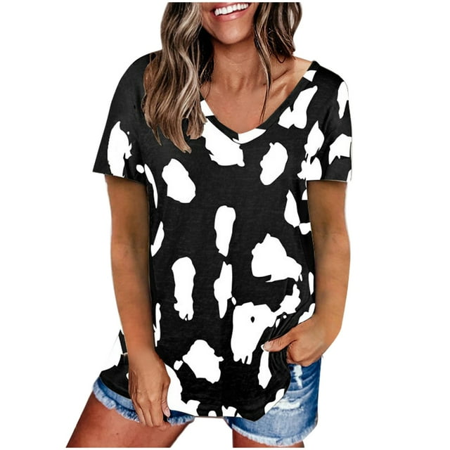 GDREDA Hauts d'Été pour Femmes Imprimé Léopard Raglan Manches Courtes Basique-T-Shirt Blouse Chemise Athlétique Femmes