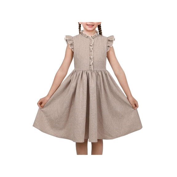 Sunny Fashion Girls Dress Coffee Solid Lace Trim Cap Sleeve Daily Student Party Cotton 6 Years