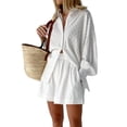 thumbnail image 2 of SAYOO Conjuntos de lino para mujer Conjunto de chándal informal de 2 piezas Camisa de manga larga con botones y pantalones cortos elásticos de cintura alta Conjunto de salón de verano a juego SAYOO  Casual, 2 of 9