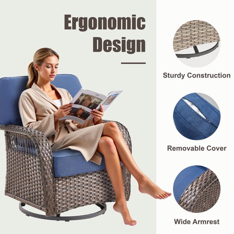 6 Piece Outdoor Wicker Furniture Sets,Patio All Weather Cushioned Conversation Sets with Swivel Rokcing Chairs, Ottomans and Sie Table for Backyard Porch Garden,Blue