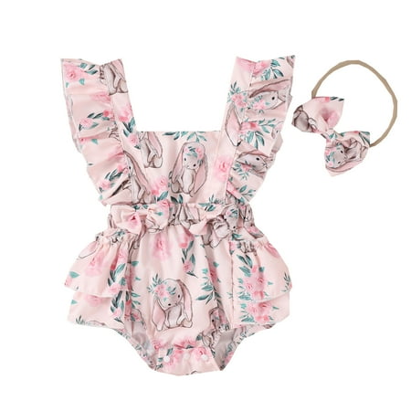 

Toddler Girls Easter Sleeveless Cartoon Rabbit Prints Cute Romper Bodysuit For Babys Outfit Sets With Headbands