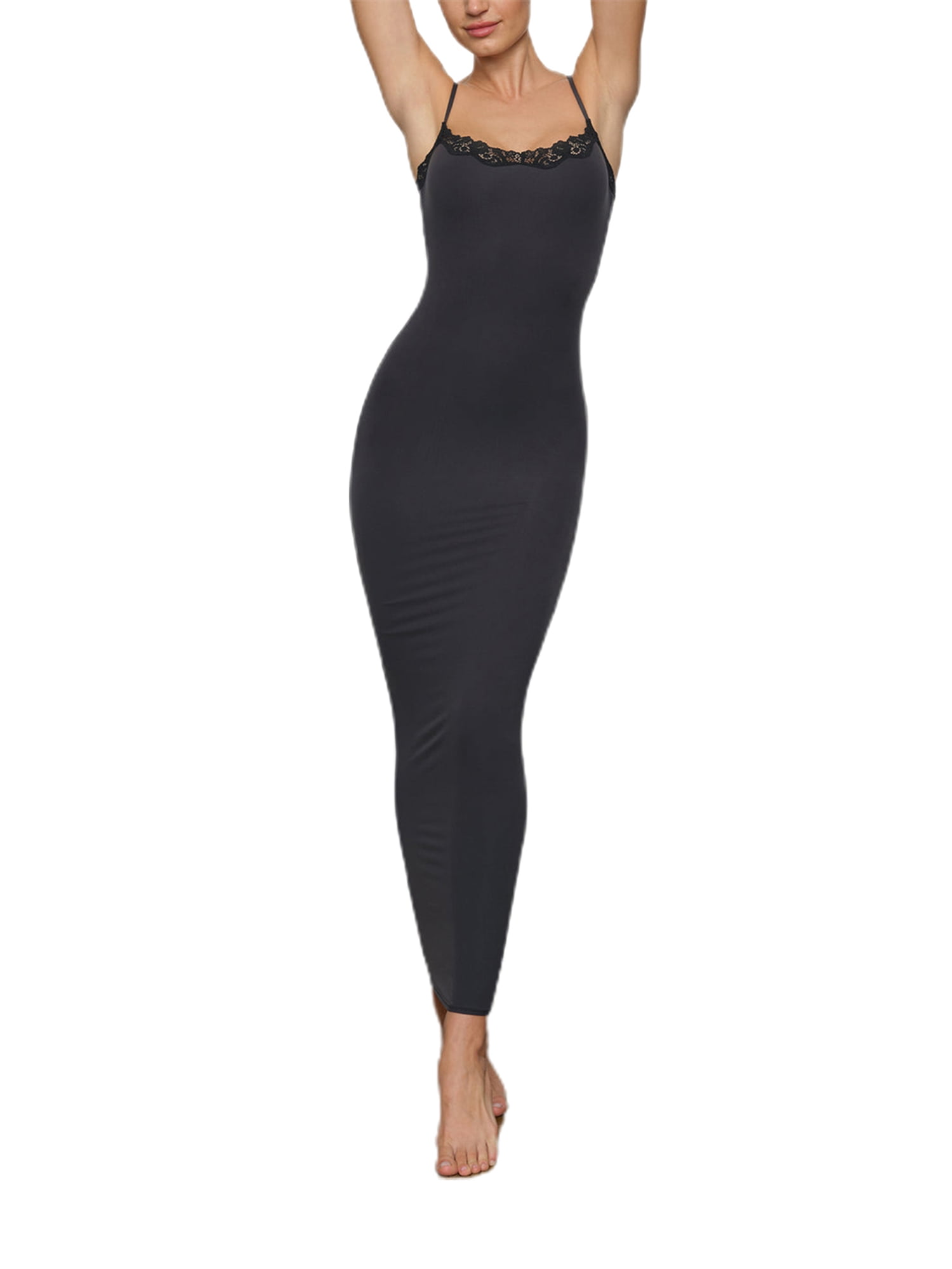 One opening Women Long Bodycon Dress Solid Color Lace Trim Sleeveless Sling Spaghetti Strap