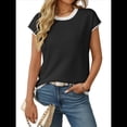 thumbnail image 3 of Camisetas de Mujer Elegantes, Informales, de Corta, con Bloques de Color, A Rayas y Cuello Redondo, Color Negro, Talla XL, 3 of 9
