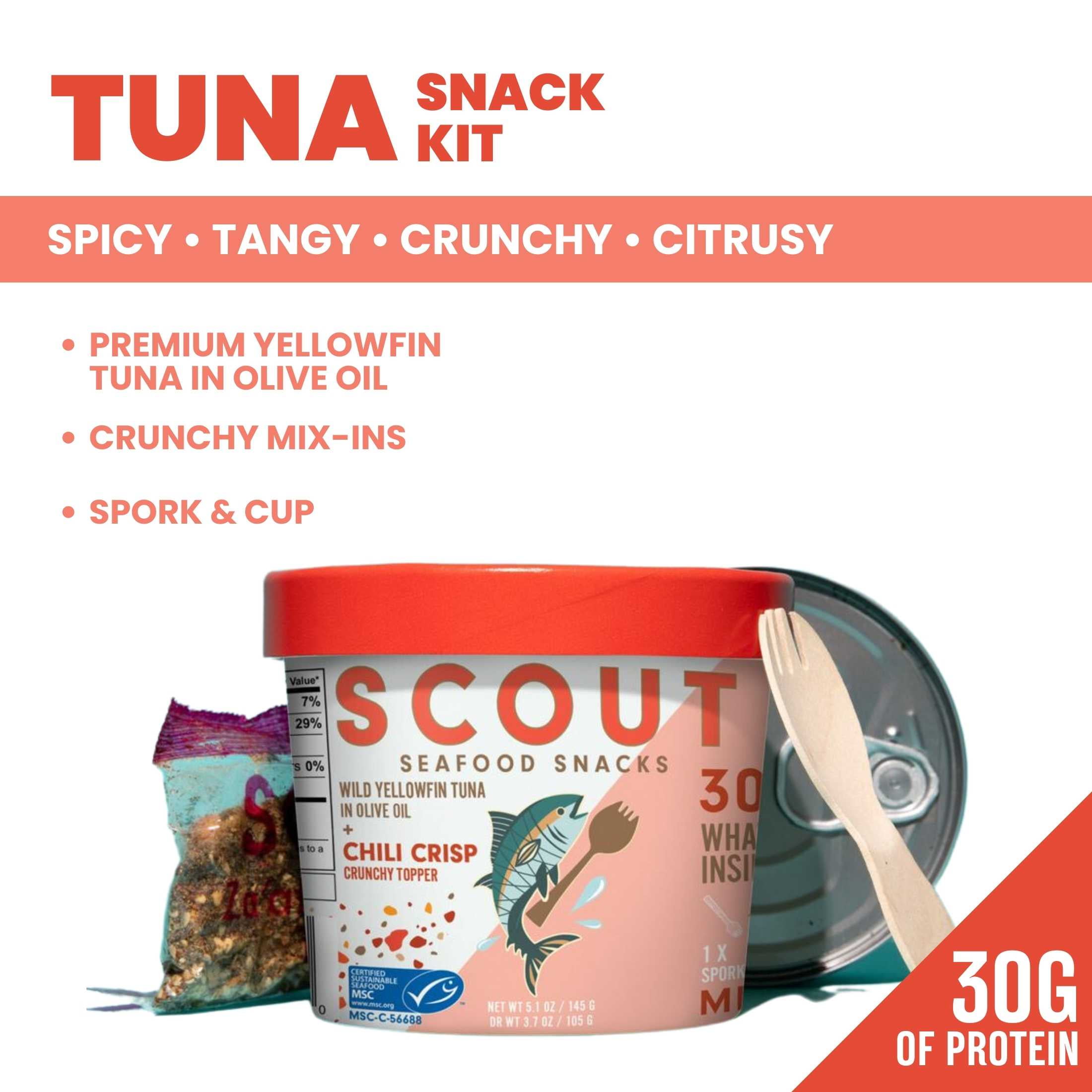 (4 pack) Scout Tuna Snack Kit, Chili Crisp, Wild Yellowfin Tuna + Crunchy Mix-in for 30g of Protein on the Go with Spork, 5.1oz Cup