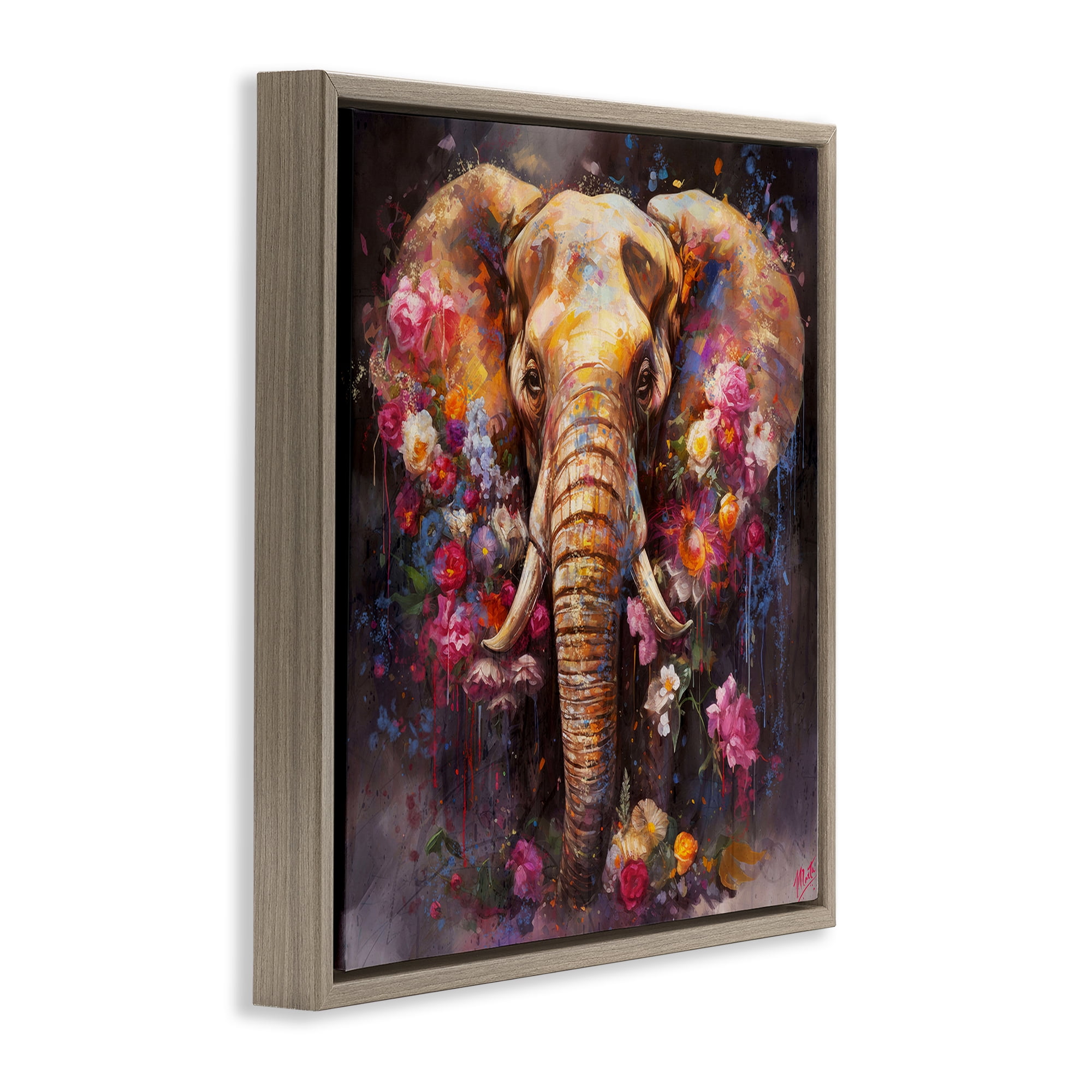 Stupell Industries Flower Swathed Elephant Animals Painting Brown Floater Framed Canvas Art Print Wall Art, 18 x 18
