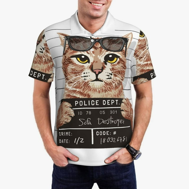 Xecao Cat Holding Mugshot Sign Pattern Men’s Polo Shirt with Buttoned Collar Soft Breathable Casual Polo Shirt for Work, Leisure, and Outdoor Activities-Small