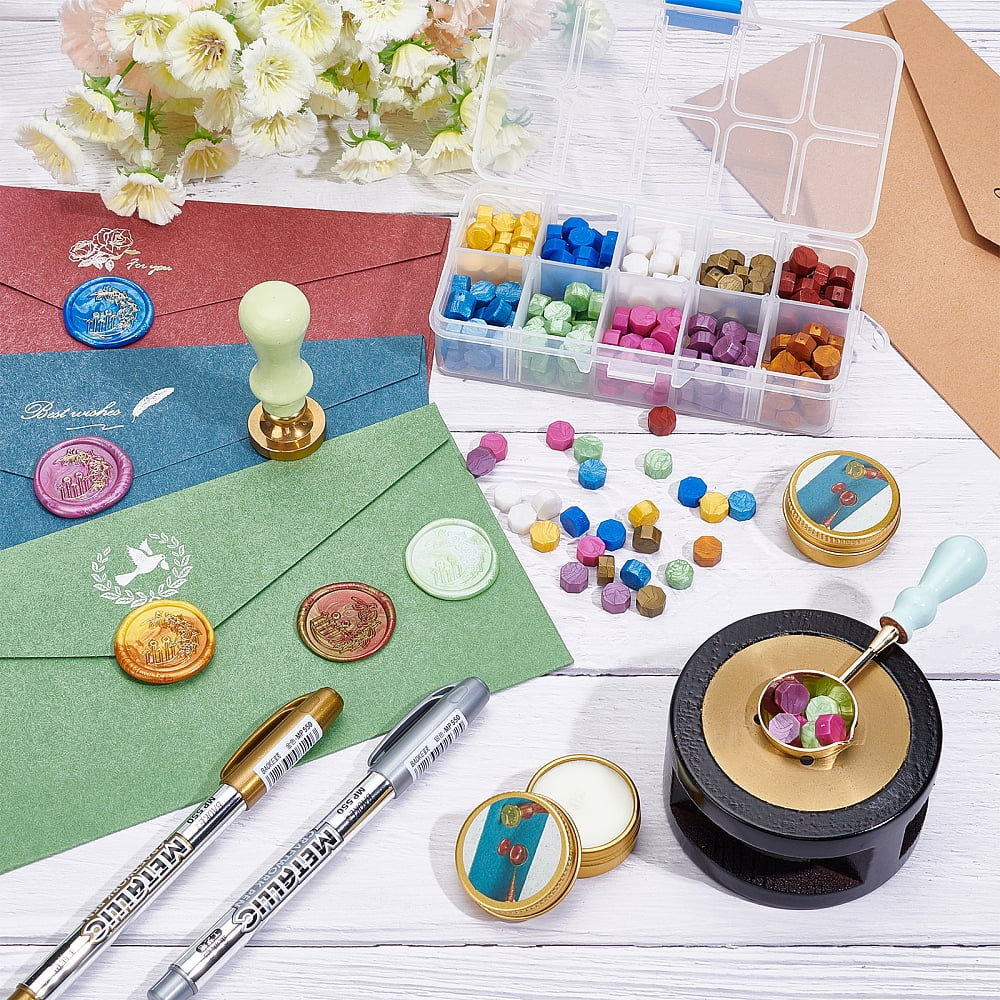Wax Seal Kit 300PCS Wax Seal Beads 10 Colours with Wax Melting Kit Moon Wax Seal Stamp Candles Marking Pens for Invitation Cards Gift Decoration