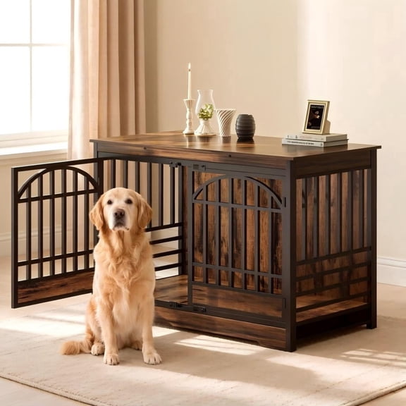 Fowroa 52 Inch Wooden Dog Crate Furniture, Double Arched Door Indoor Kennel for Extra Large Dogs Browm