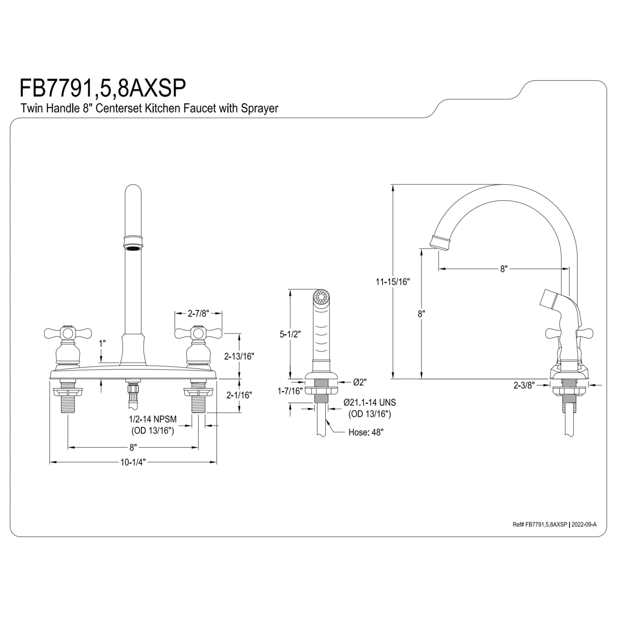 Kingston FB7795AXSP Victorian Two-Handle 4-Hole 8" Centerset Kitchen Faucet with Side Sprayer in Oil Rubbed Bronze