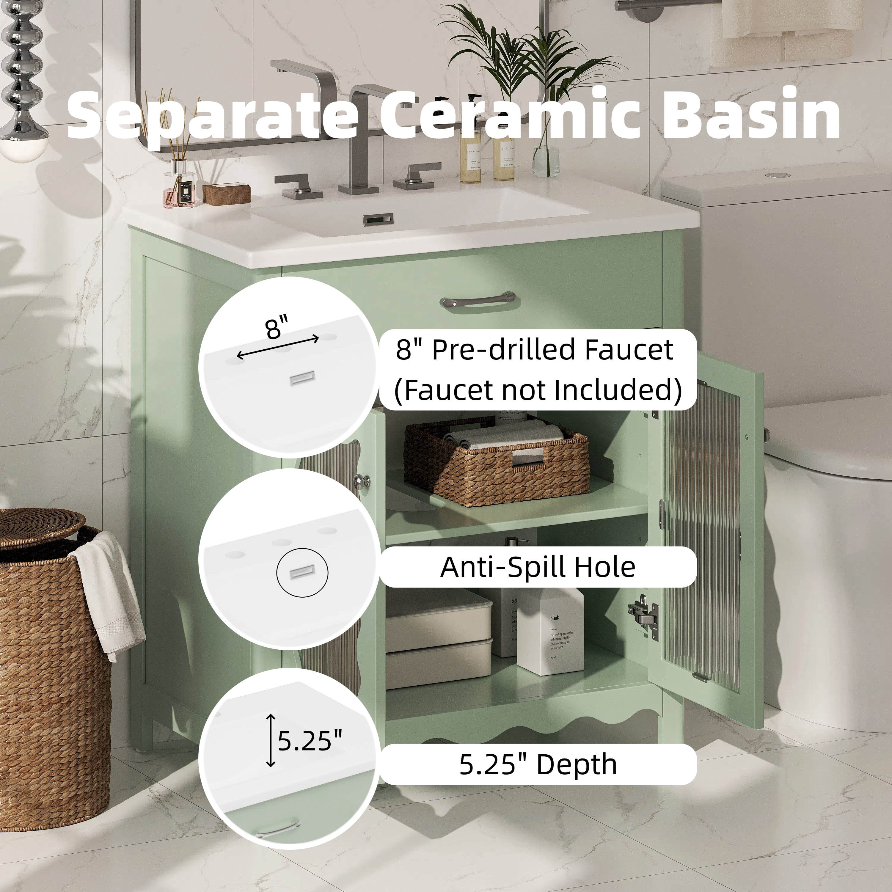 GARITIN Bathroom Vanity 31 Inch, Modern Bathroom Cabinet with Tempered Glass Doors and Rubber Wood Legs for Small Bathroom, Green
