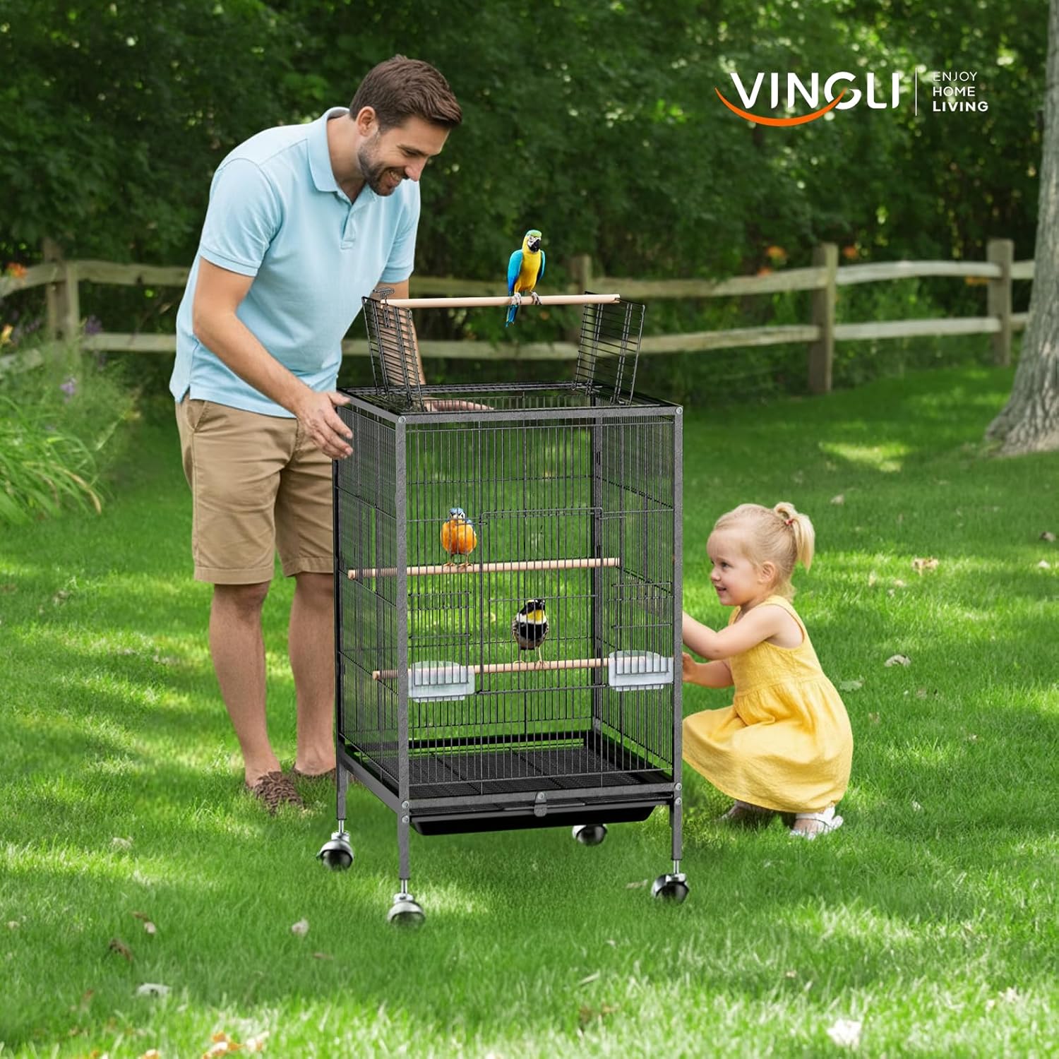 VINGLI Bird Cage with Wheels, 38-Inch Open Top Wrought Iron Bird Cage, Rolling Parakeet Cage for Cockatiels Lovebird Finches Canaries