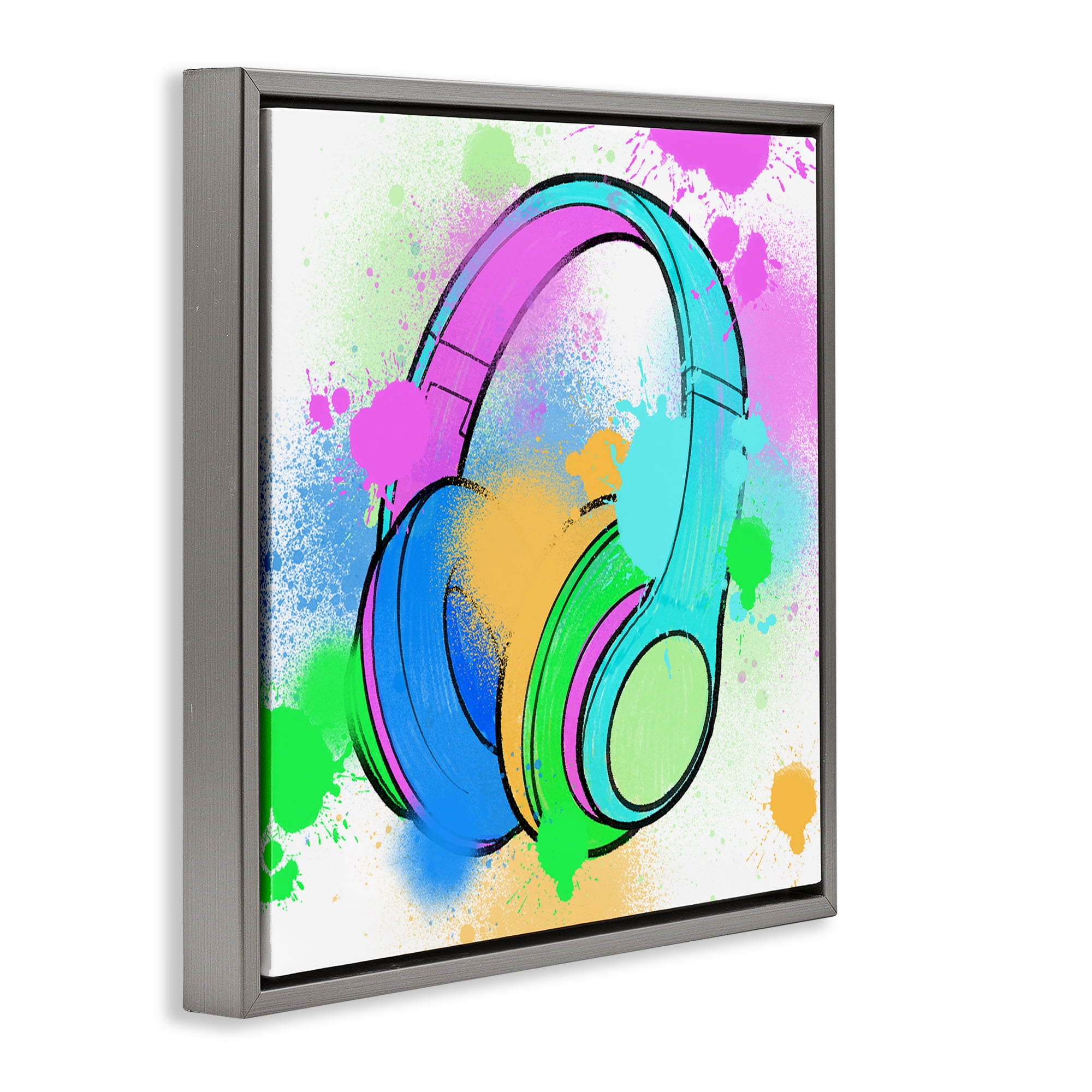 Stupell Industries Splattered Music Headphones Entertainment Painting Gray Floater Framed Canvas Art Print Wall Art, 25 x 25