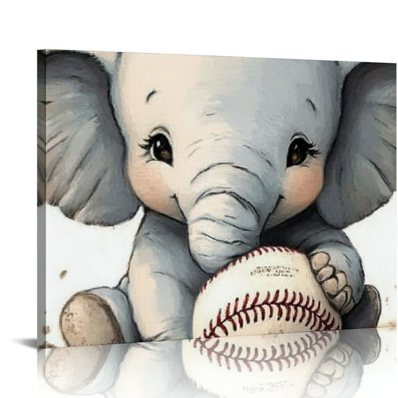FCXZI Nursery Elephant Canvas Wall Art, Baby Elephant and Baseball Print Safari Animal Nursery Picture Painting for Boys Room Playroom Decor 16x12in