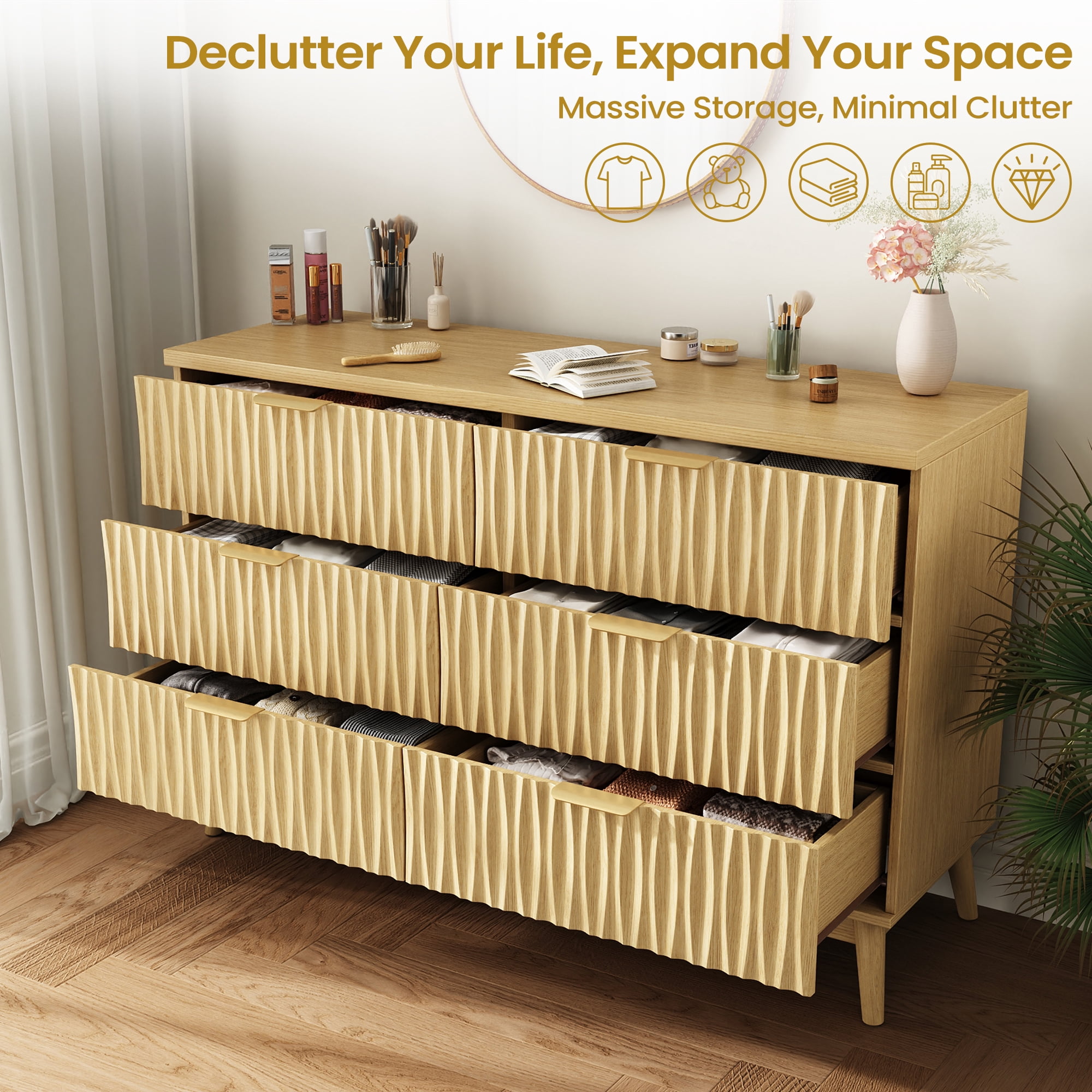 47"W Fluted 6 Drawers Dresser for Bedroom, Modern Chest of Drawers with Metal Handle, Wooden TV Stand for Living Room, Hallway