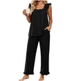 thumbnail image 2 of Elvqul Loose Fit Sleeveless Square Neck Knit Fabric Long Pants Ruffled Hem Side Pockets Pajama Set Sleepwear Loungewear Ruffled Hem Pjs Flutter Strap Pjs Ruffle Detail Pajamas, 2 of 7
