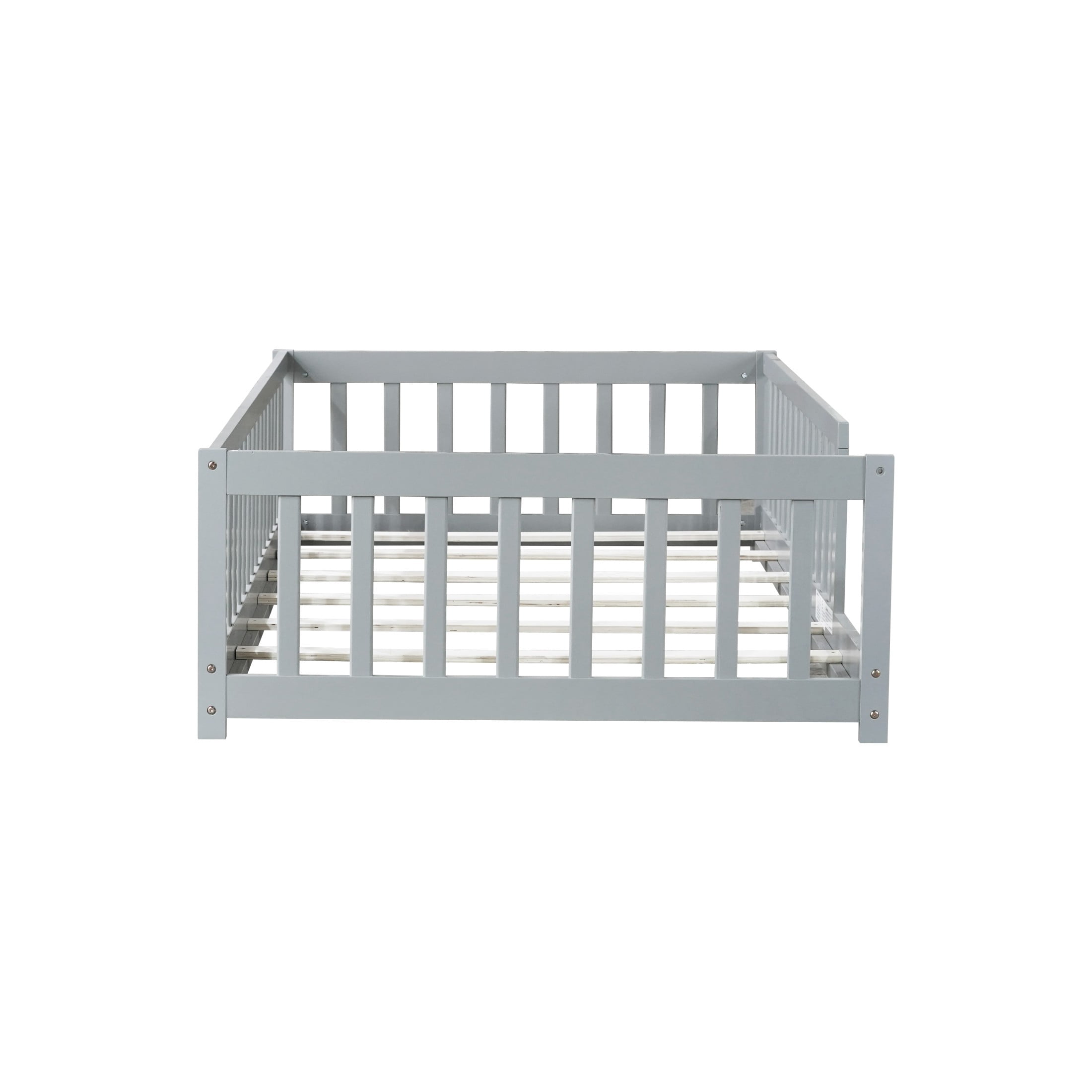 Noble House Nira Twin Size Floor Bed with High Fence, Sturdy Rubber Wood Montessori Bed, Kid's Room, Gray