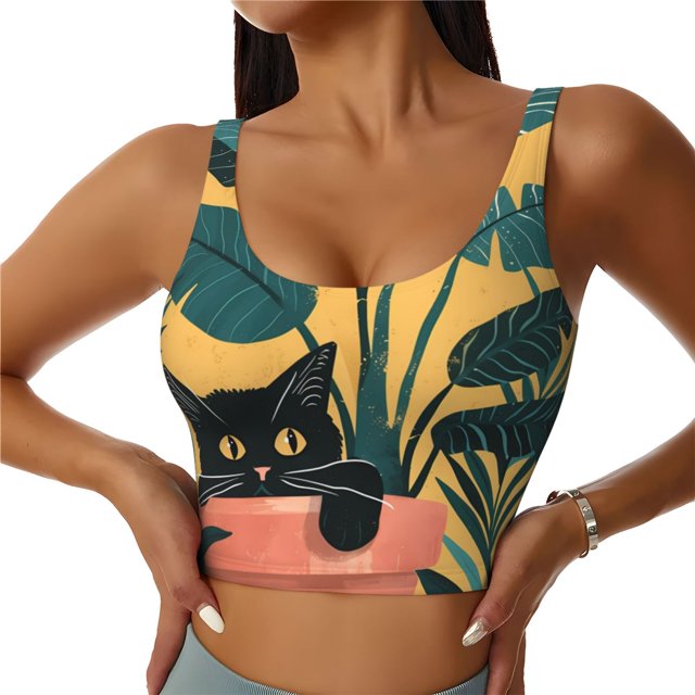 Balery Cat Hiding In Potted Plants Sujetadores deportivos con espalda cruzada para mujer, acolchados, sin costuras, de alto impacto, ideales para yoga, gimnasio, entrenamiento y fitness.-