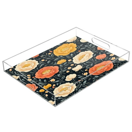 

WOBOGO Acrylic Serving Trays 15.7x11.8 Inch Spill Proof Clear Decorative Organizer with Handle Nostalgic Peonies Pattern