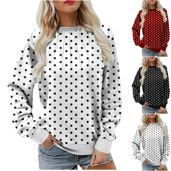 Olyvenn Sweatshirt for Women Crewneck Long Sleeve Fall Shirts Casual Pleated Front Sweaters Tops Polka Dots Print Pullover Red L