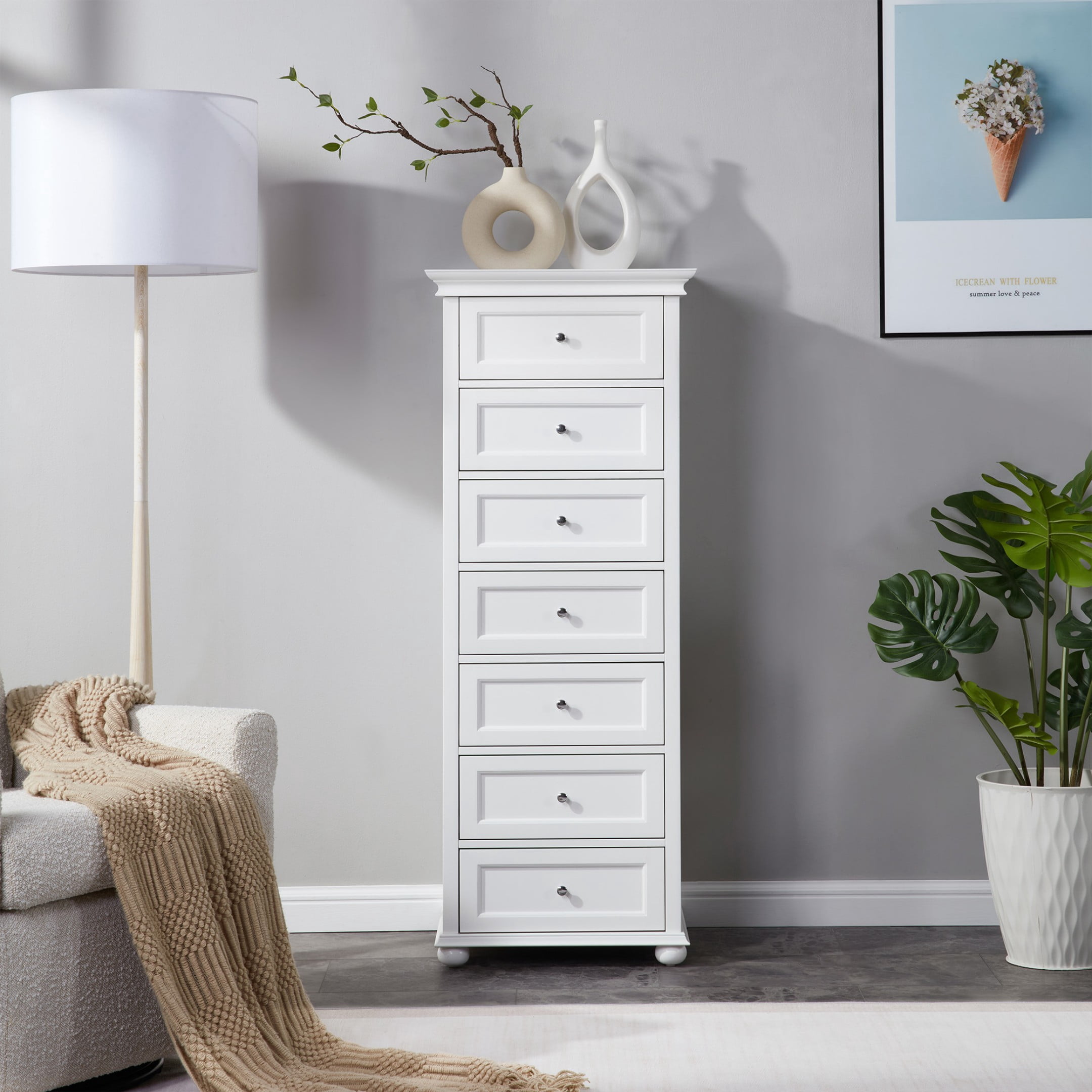 BOUQUETYZ Tall Skinny White Dresser with 7-Drawer, Tall Narrow Chest of Drawers for Bedroom, Solid Wood Legs & Silent Metal Glides, 52" H
