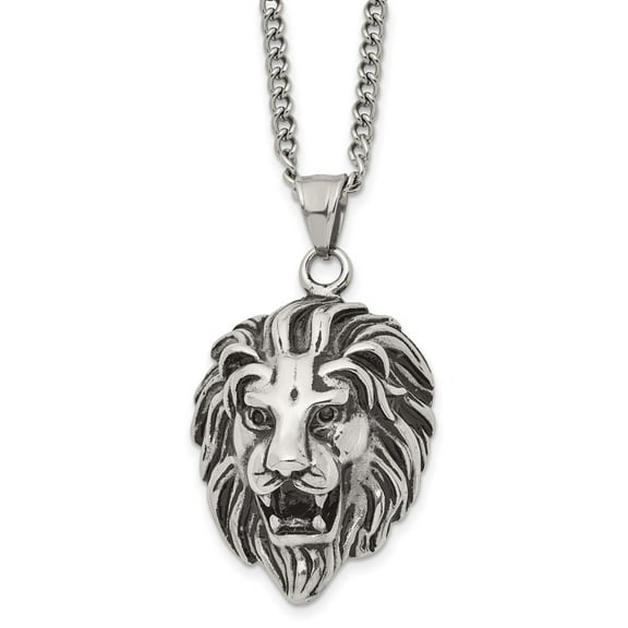 Stainless Steel Curb Necklace with Pendants Chain Chisel Antiqued and Polished Small Lion Head Pendant on a 24 inch 28.37 mm