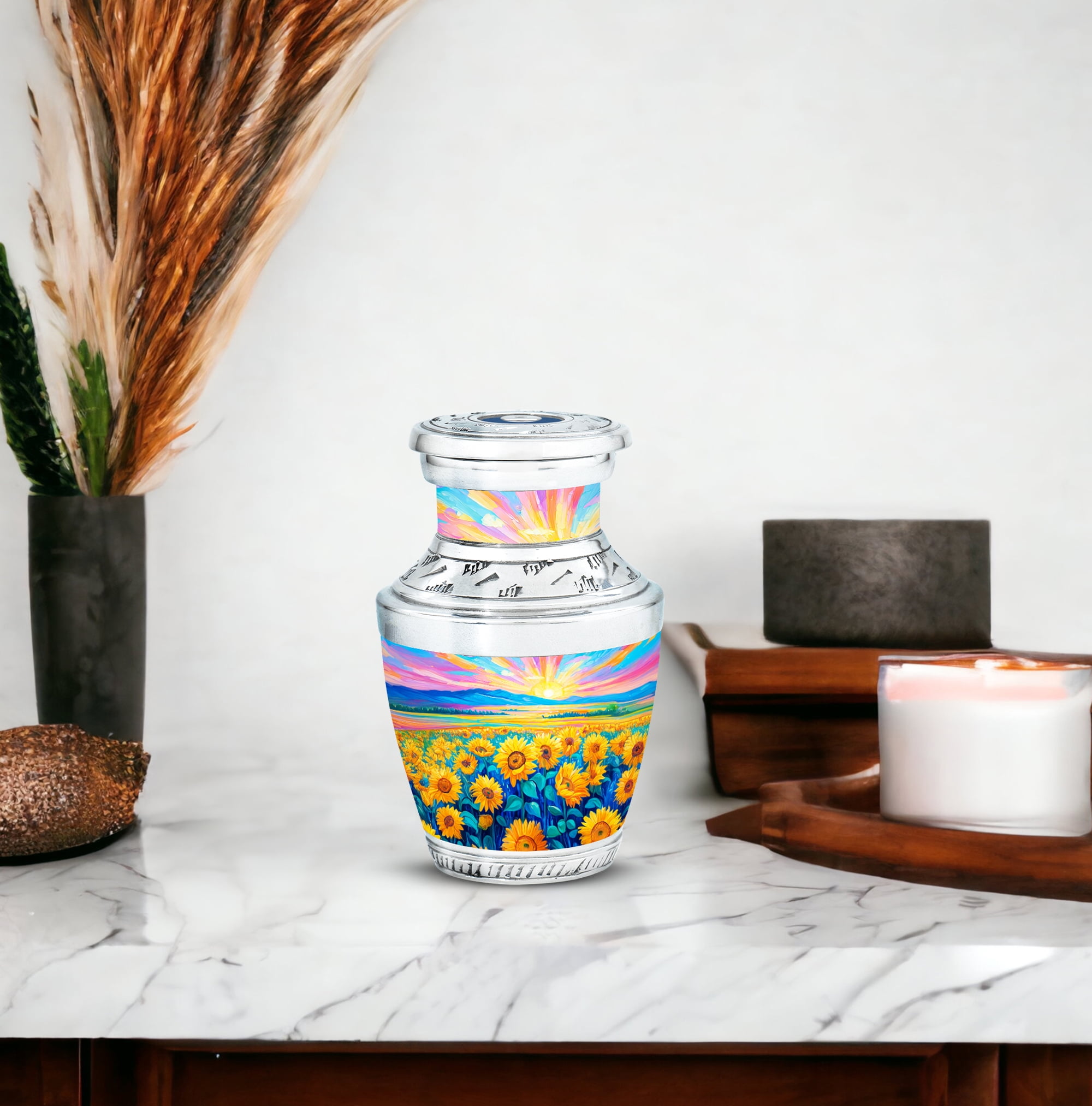 MUKTIVE Sunflowers Decorative Urns for Human Ashes Adult Female & Male, Blue Cremation Mini Urns for Human Ashes for Loved Ones, Keepsake Memorial Funeral Gift, 3 Inch