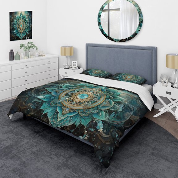 Designart "Om Symbol Hinduisim Sacred painting" Spiritual Bedding Covert Set - Hinduism Teal Traditional Bed Set With 2 Shams