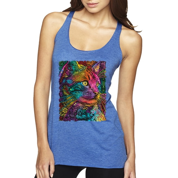 Colorful Cat Portrait | Cat Lover Owner | Dean Russo Art Animal Lover Tri-Blend Racerback Sleeveless Top, Vintage Royal, XL