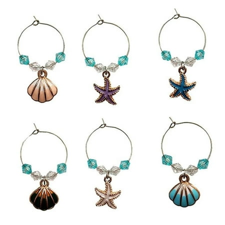 

6Pcs Wine Glass Cup Rings Ocean Style Wine Bottles Markers Party Glass Pendant Shell Charm Glass Cup Ring Decorations