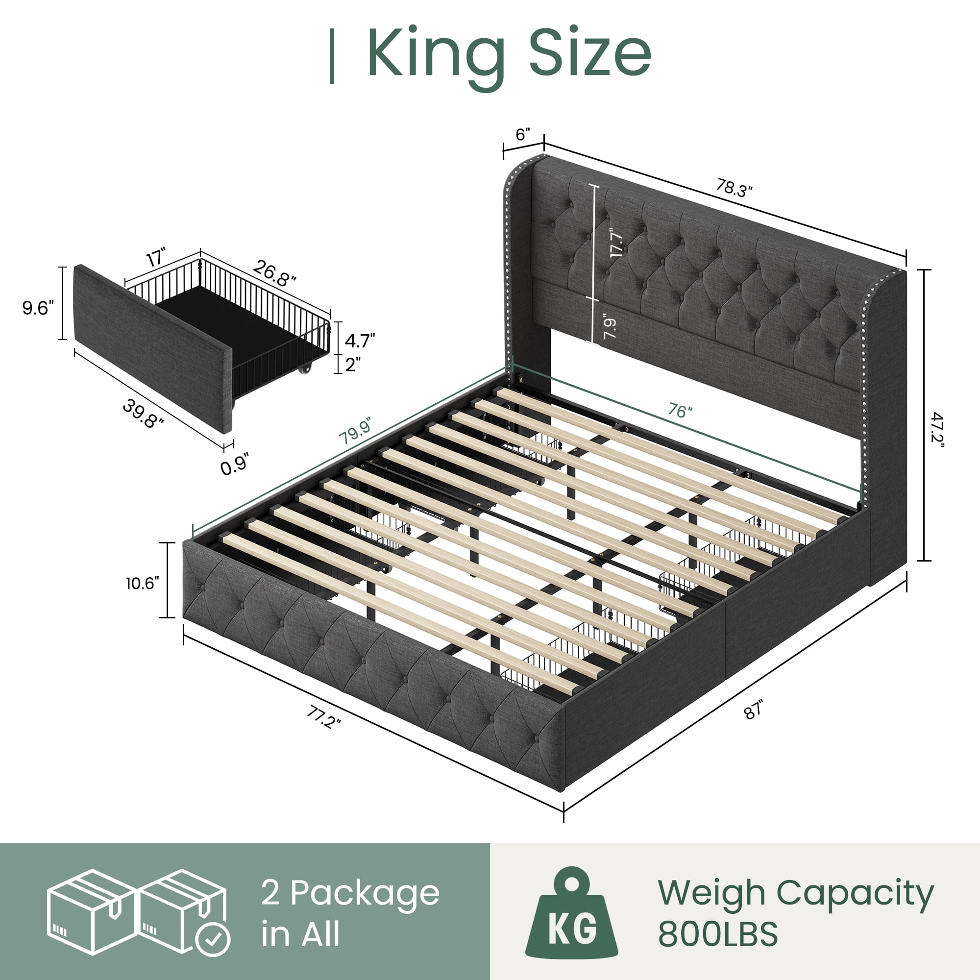 Breltam King Size Bed Frame with 4 Storage Drawers, Wingback Tufted Headboard, LED Lights, Dark Grey Velvet Upholstered Platform Bed, No Box Spring Needed