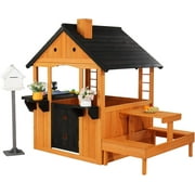 Matladin Kids Wooden Playhouse with Sink Toys, Picnic Table, Mailbox, Flowerpot Holders, Plastic Basin, Child DIY Room for 3-8 years