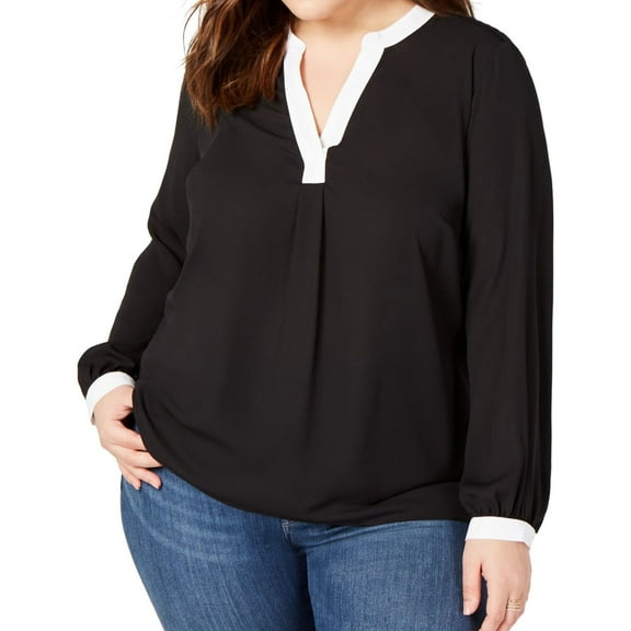 I.N.C Womens Colorblocked Pullover Blouse, Black, Plus Size, 1X