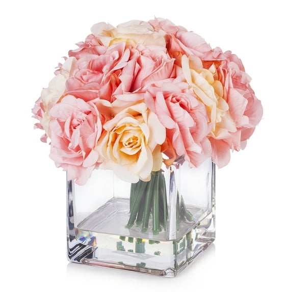 Enova Home Artificial Flowers 18 Heads Silk Roses Fake Flowers Arrangement in Cube Glass Vase with Faux Water for Home Office Wedding Decoration (Pink)