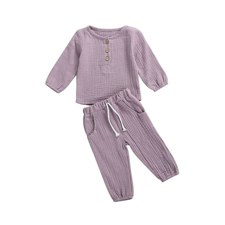 

Canrulo Toddler Baby Boys Girls Outfits Solid Color Long Sleeve Tops Shirt + Drawstring Pants 2Pcs Fall Clothes Purple 6-12 Months