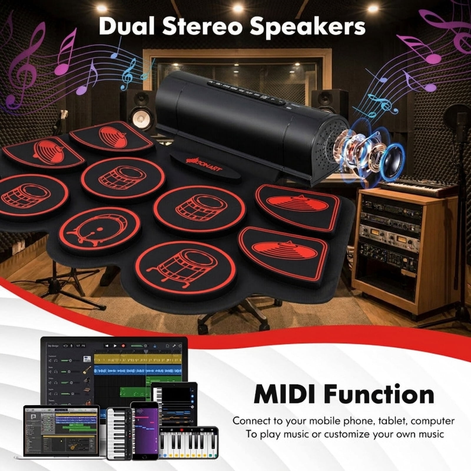 Redsmile Electronic Drum Set with 2 Built-In Stereo Speakers, Foot Pedal and Recording Function for Kids, Red