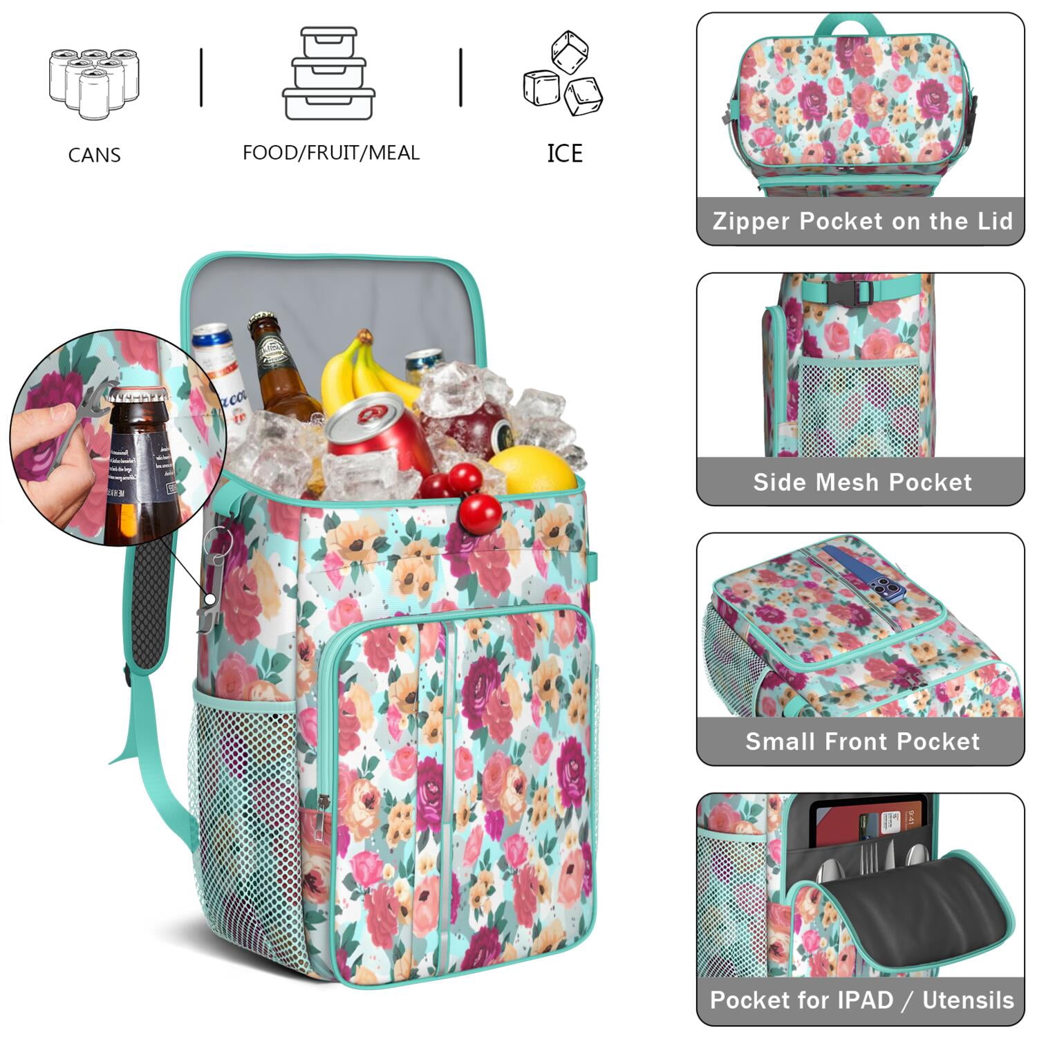 Travel Cooler Bag - Pioneer Flower Floral Print Pattern Camping Beer Cooler Backpack with Bottle Opener- Waterproof Insulated Picnic Backpacks - Cooler Bag for Beach
