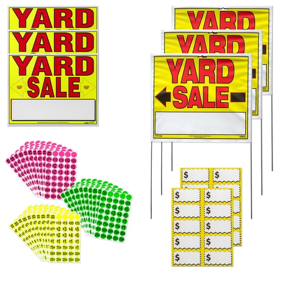 Sunburst Systems 3037 Yard Sale Kit with Yard Sale Stickers with Prices and Double Sided 14" x 22" Yard Sale Signs with Stakes