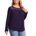 thumbnail image 4 of Women Plus Size Lace Pleated Shirt Round Neck Short Sleeve Loose Blouse Summer Casual Tunic Top Long Sleeve Black, 4 of 9