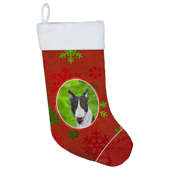 Carolines Treasures SC9589-CS Bull Terrier Red Snowflakes Holiday Christmas Stocking Large multicolor